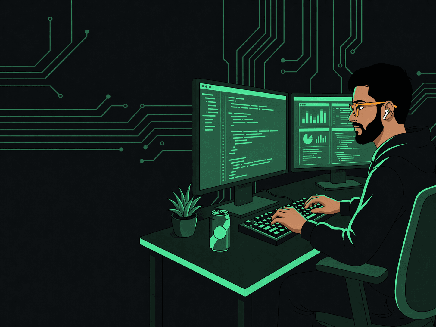 A flat 2D vector illustration of a software engineer with a black beard, yellow prescription glasses, and AirPods, focused at a desk with multiple monitors and a mechanical keyboard, facing left.