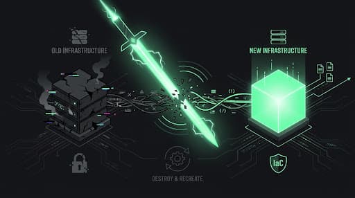 A mint-green technical visualization of infrastructure being recreated through code.